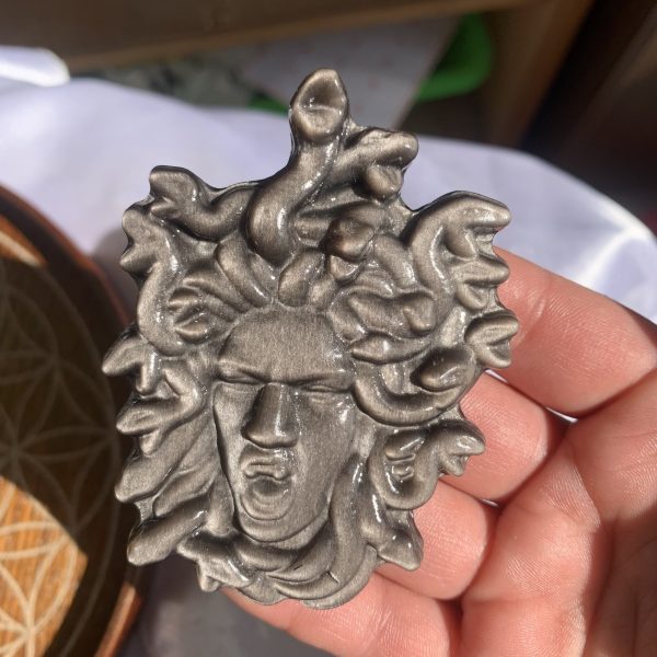 80mm Silver Sheen Obsidian Golden Sheen Obsidian Medusa Carving