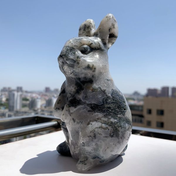 15cm Big Moss Agate Rabbit Animal Carving