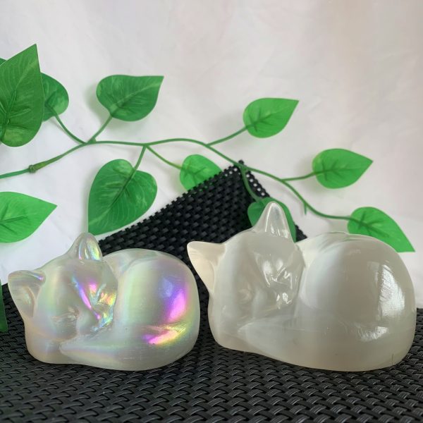 Selenite Sleeping Cat Animal Carving Different Sizes