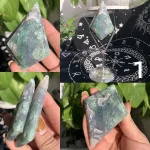 Moss Agate Double Diamond Carving Crystal Diamond On Stand Free Shipping