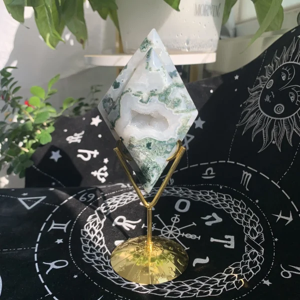 Moss Agate Double Diamond Carving Crystal Diamond On Stand Free Shipping