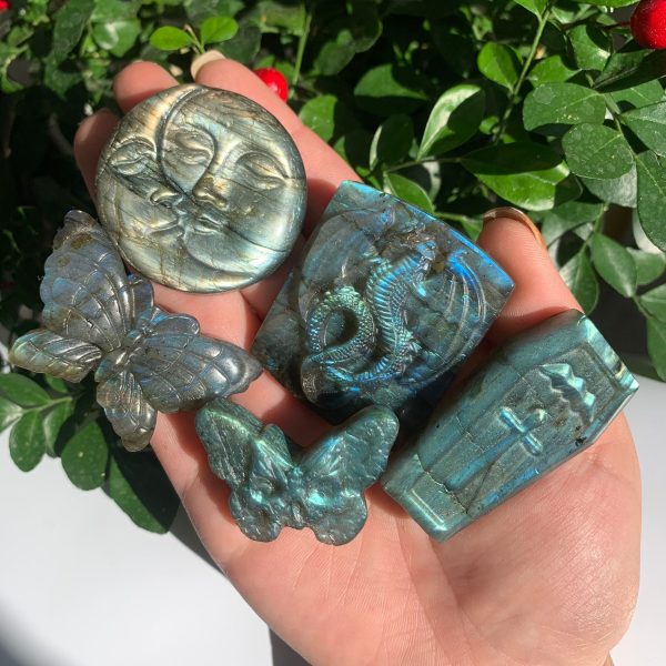 Flashy Labradorite Carvings Sun Moon Flower Coffin Ganesha Grime Free Shipping