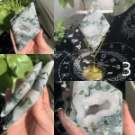 Moss Agate Double Diamond Carving Crystal Diamond On Stand Free Shipping