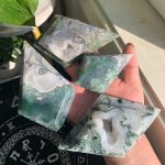 Moss Agate Double Diamond Carving Crystal Diamond On Stand Free Shipping