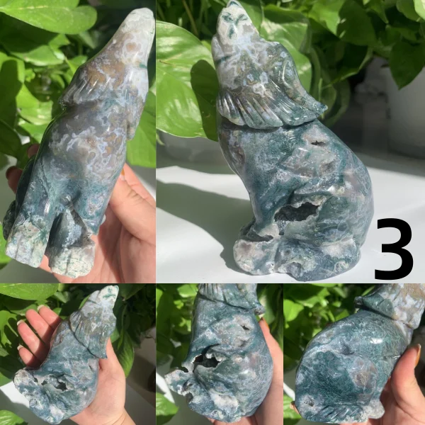 Big Moss Agate Wolf Carving Crystal Wolf Animal Free Shipping