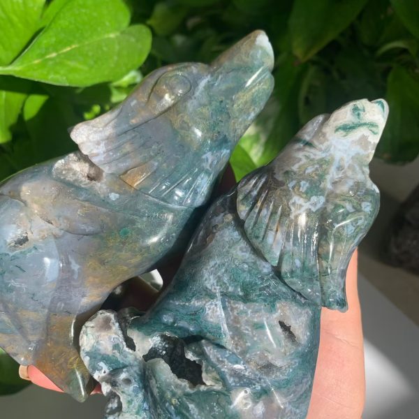 Big Moss Agate Wolf Carving Crystal Wolf Animal Free Shipping