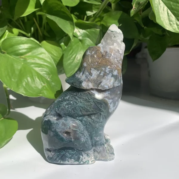 Big Moss Agate Wolf Carving Crystal Wolf Animal Free Shipping