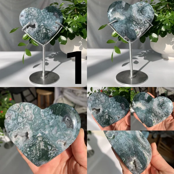 Big Moss Agate Heart On Stand Free Stand Crystal Heart Wholesale