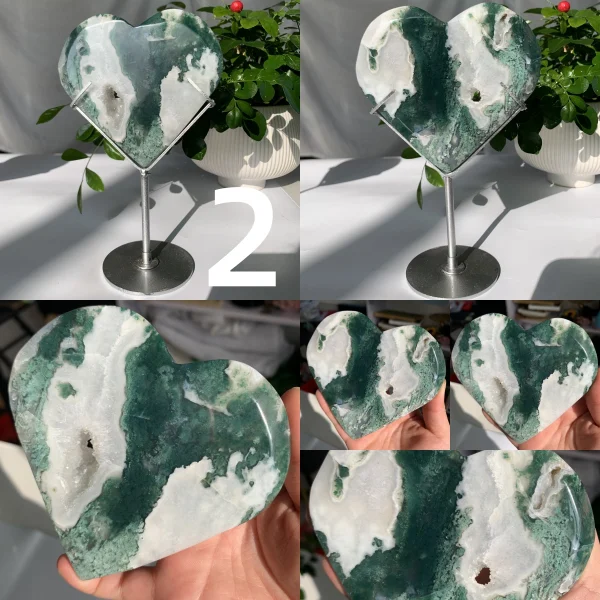 Big Moss Agate Heart On Stand Free Stand Crystal Heart Wholesale