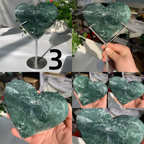 Big Moss Agate Heart On Stand Free Stand Crystal Heart Wholesale