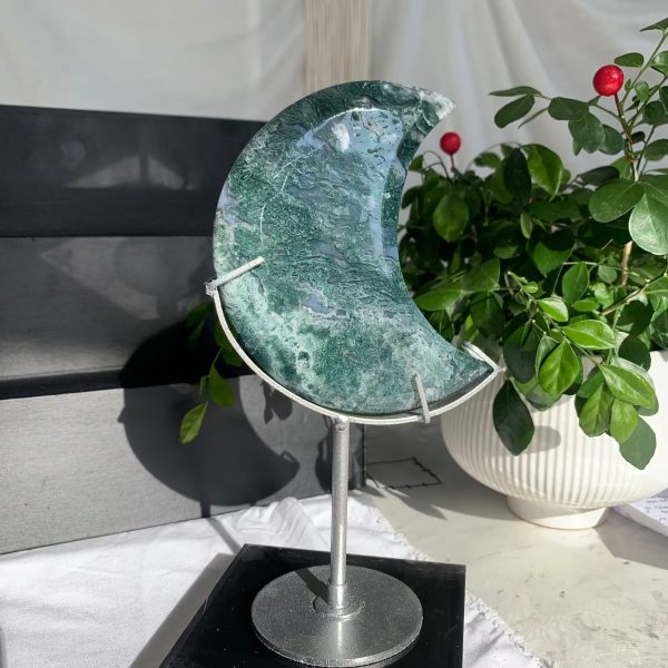 Moss Agate Moon On Stand Crystal Moon Free Shipping