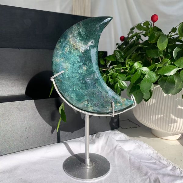 Moss Agate Moon On Stand Crystal Moon Free Shipping